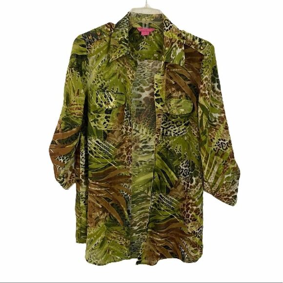 Sunny Leigh Safari Animal Print Graphic Button Down Sheer Blouse Size Medium - Picture 2 of 4